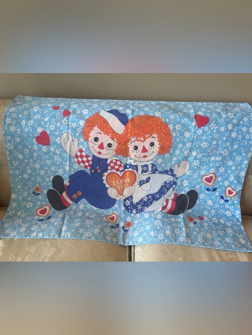 Vintage Raggedy Ann & Andy I Love You Pillowcase 30”x21”Bobbs-Merrill Co